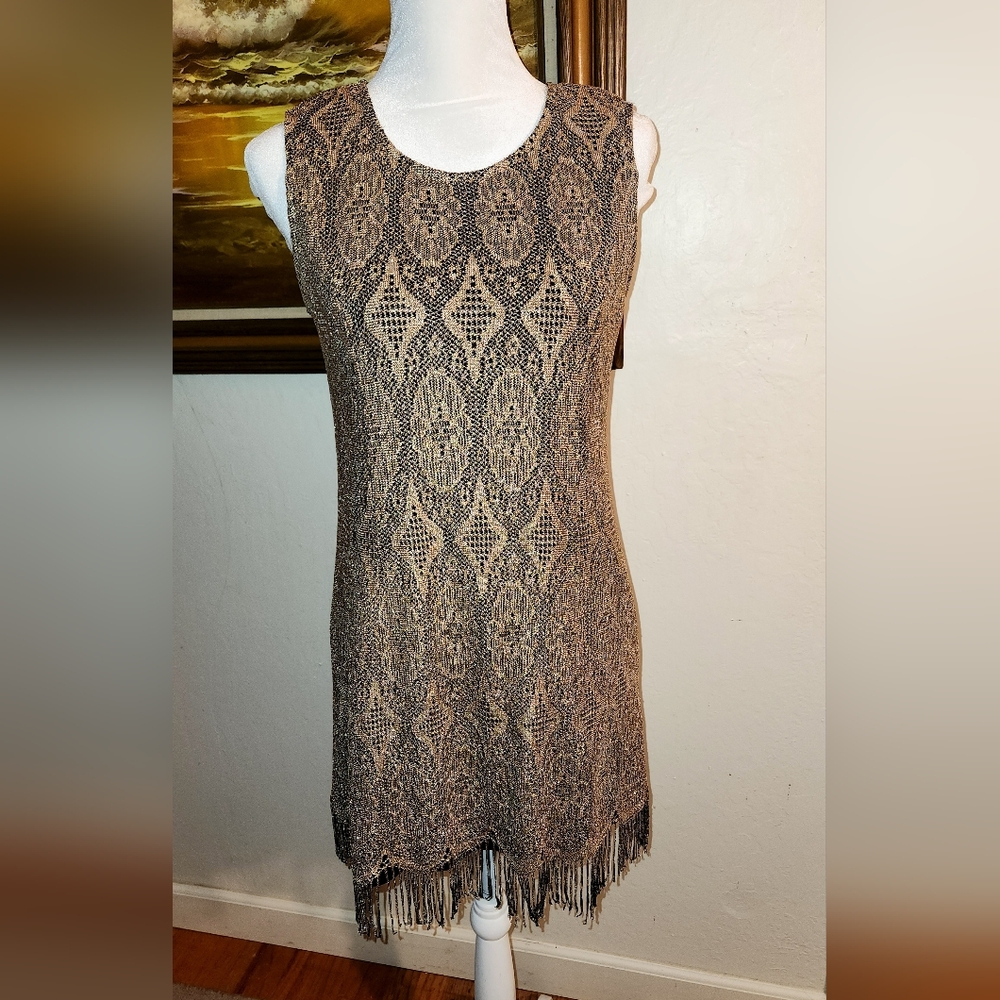 Vintage 1980s Black Gold Crochet 1920 Style Fringed Tank Midi Dress By Expose